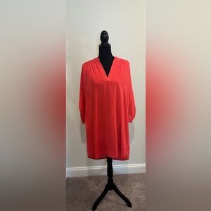 ENTRO Vibrant Coral V-Neck Button Detail Shirt Dress - Size Large